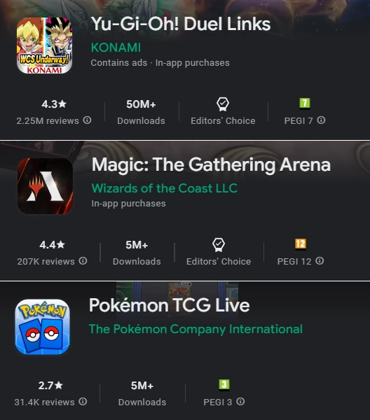 Play Store ratings for Duel Links, MTG Arena and Pokémon TCG Live