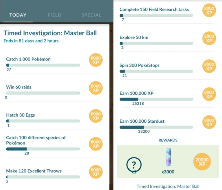 Example of a Special Research in Pokémon Go (task list)